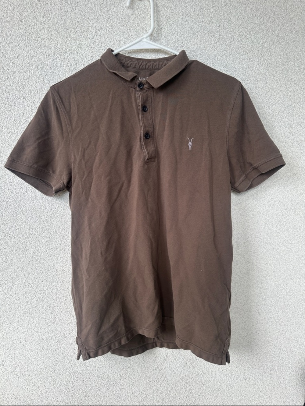 AllSaints Reform Polo Shirt Mocha Brown Organic Cotton Ram Skull Logo Men's L